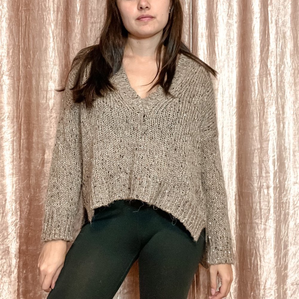 Zara Brown Sequined V-Neck High-Low Sweater